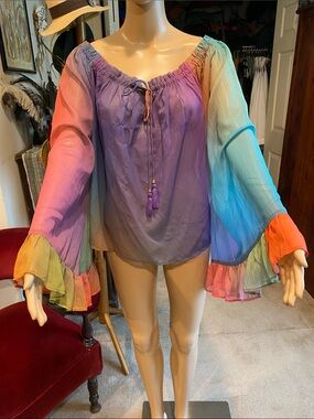 The Hippie Shake Sheer Multicolor Rainbow Peasant Blouse with Tassel Tie